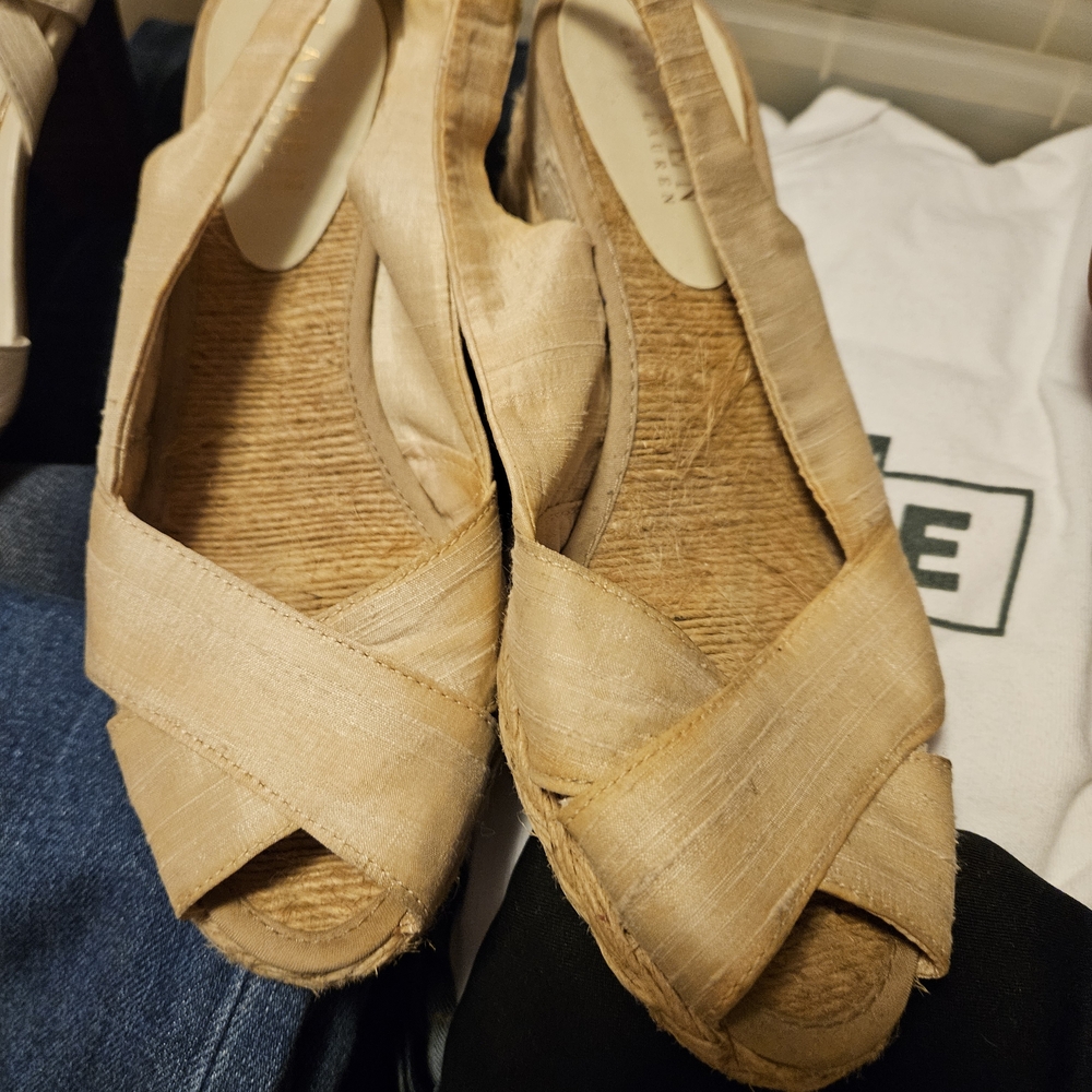 Lauren Ralph Lauren Beige Espadrille Wedge Peep-Toe Slingbacks